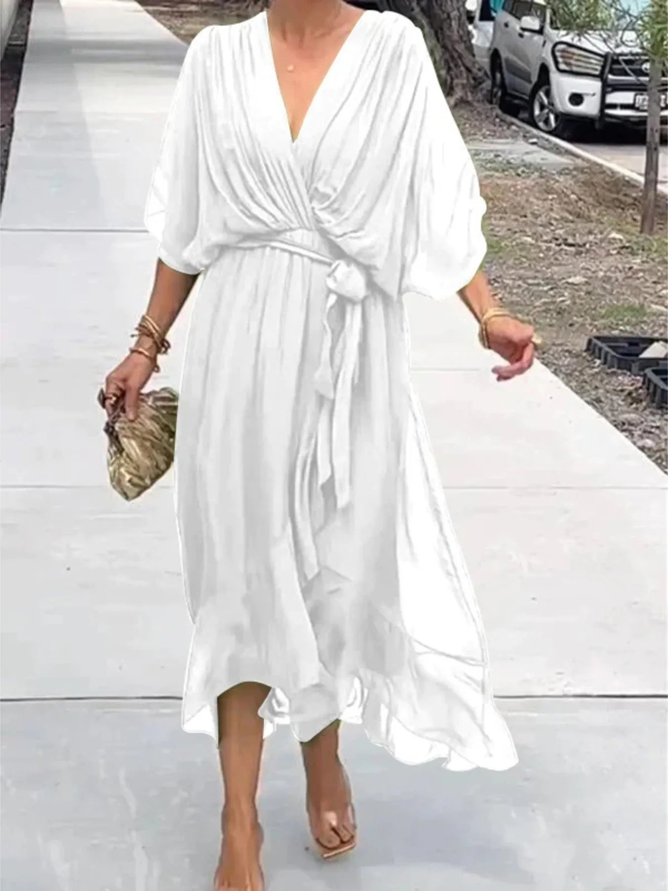 Flowy Tie Front Midi Dress with Flutter Sleeves | Deb Shops