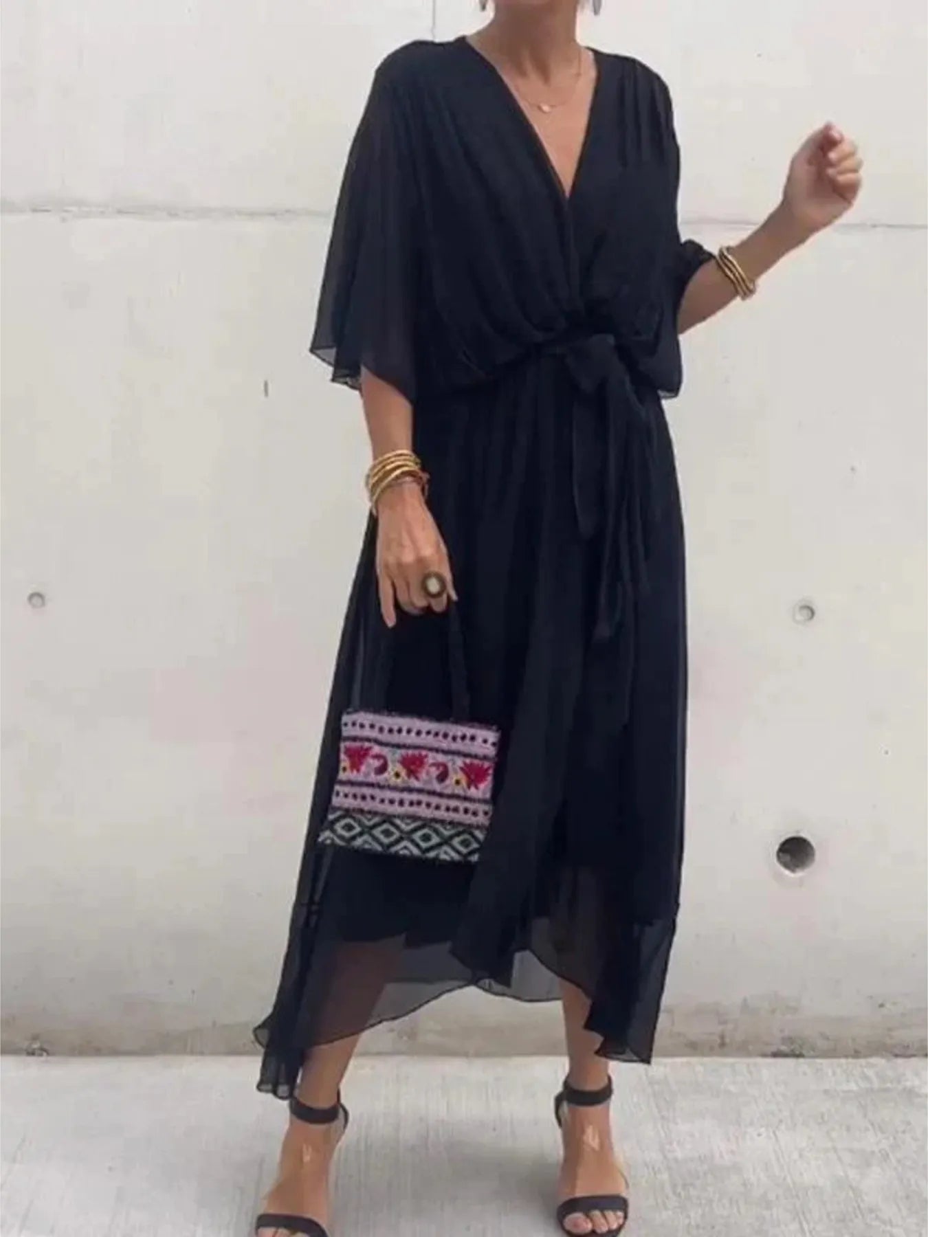 Flowy Tie Front Midi Dress with Flutter Sleeves | Deb Shops