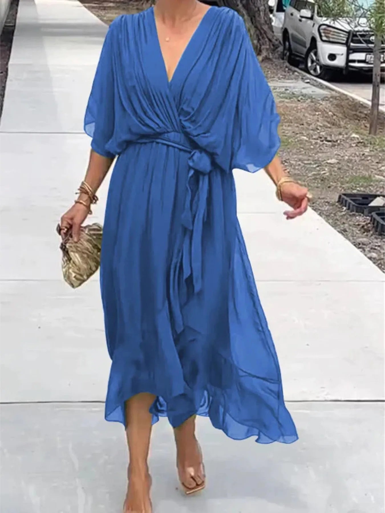 Flowy Tie Front Midi Dress with Flutter Sleeves | Deb Shops