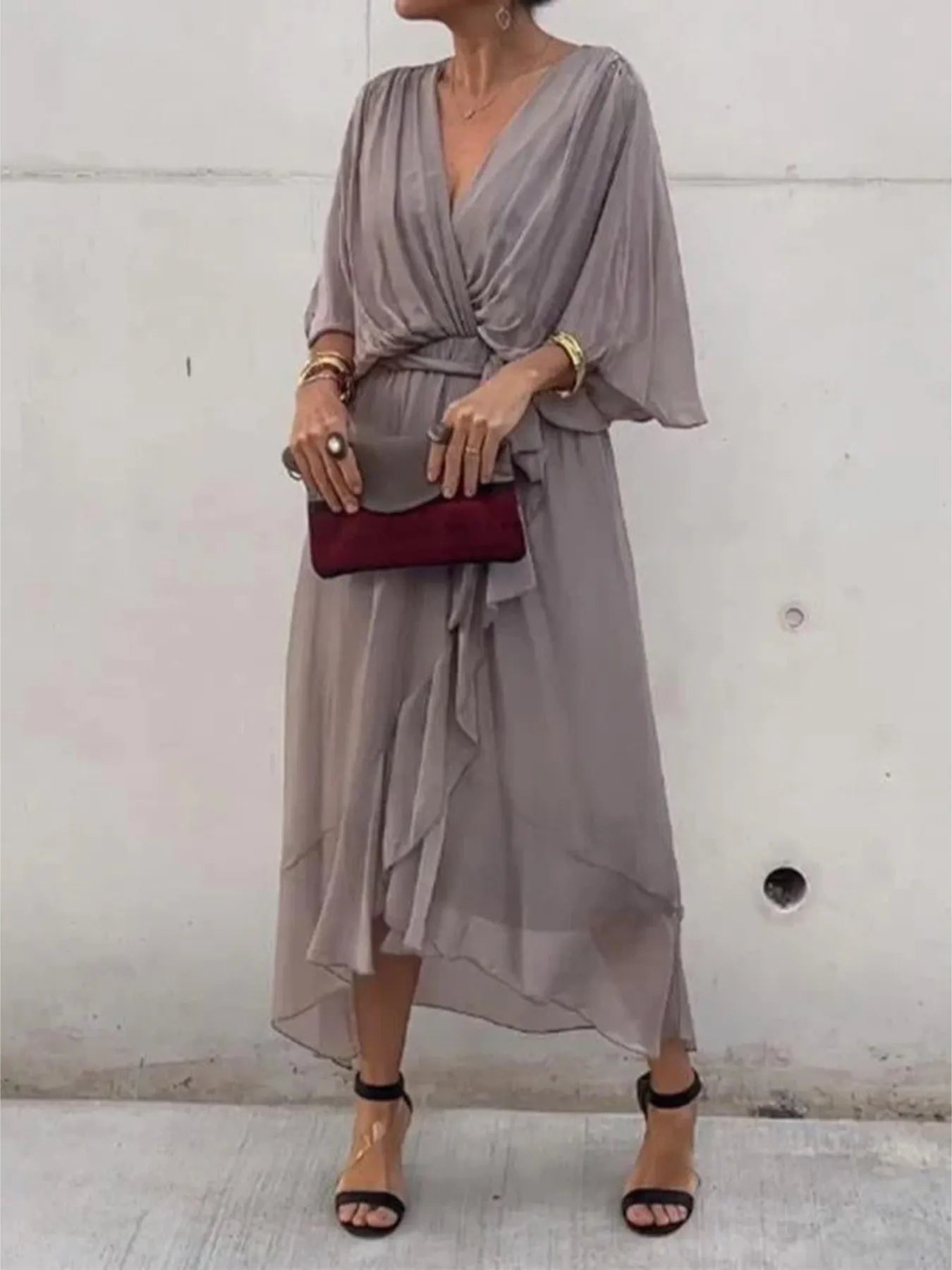 Flowy Tie Front Midi Dress with Flutter Sleeves | Deb Shops