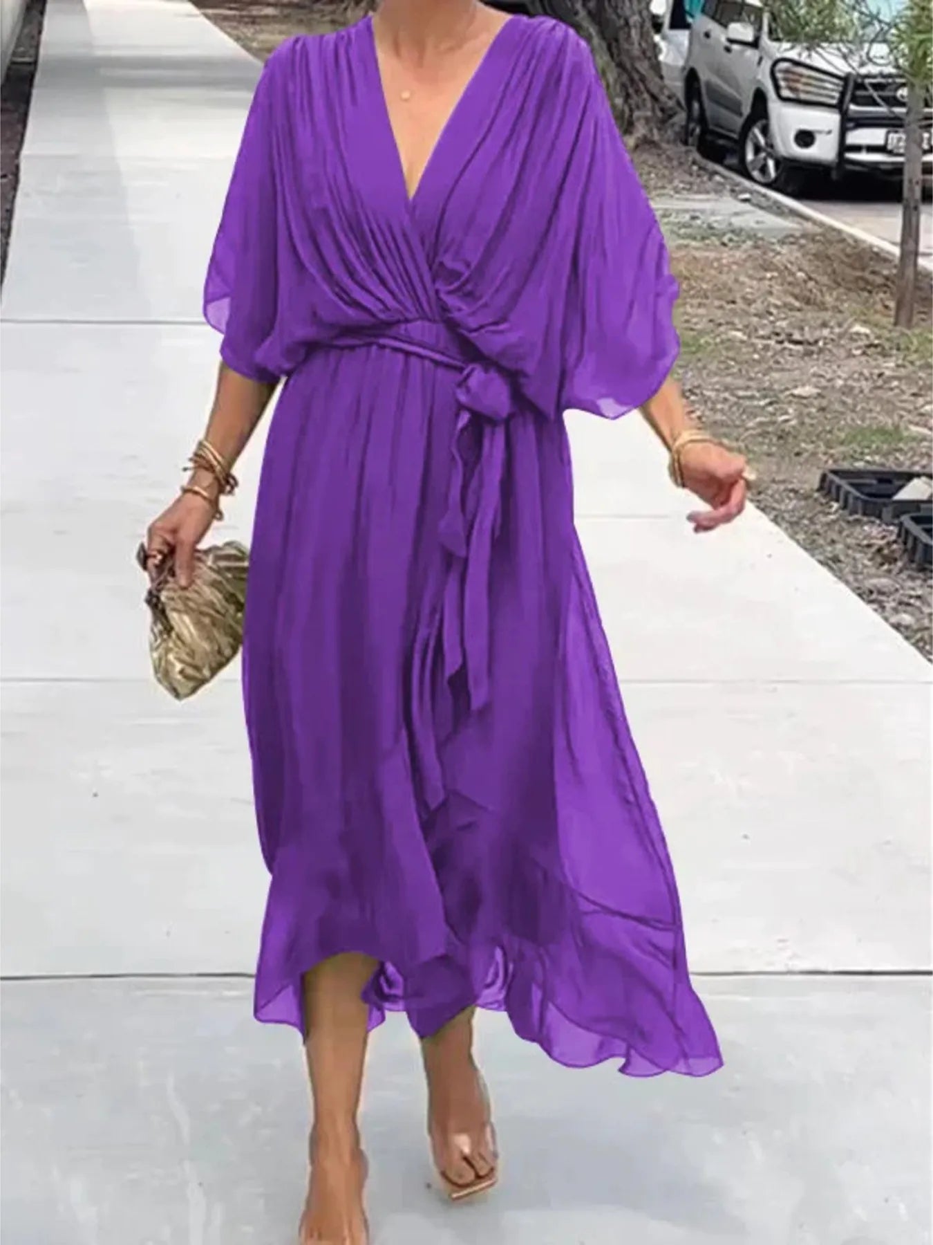 Flowy Tie Front Midi Dress with Flutter Sleeves | Deb Shops
