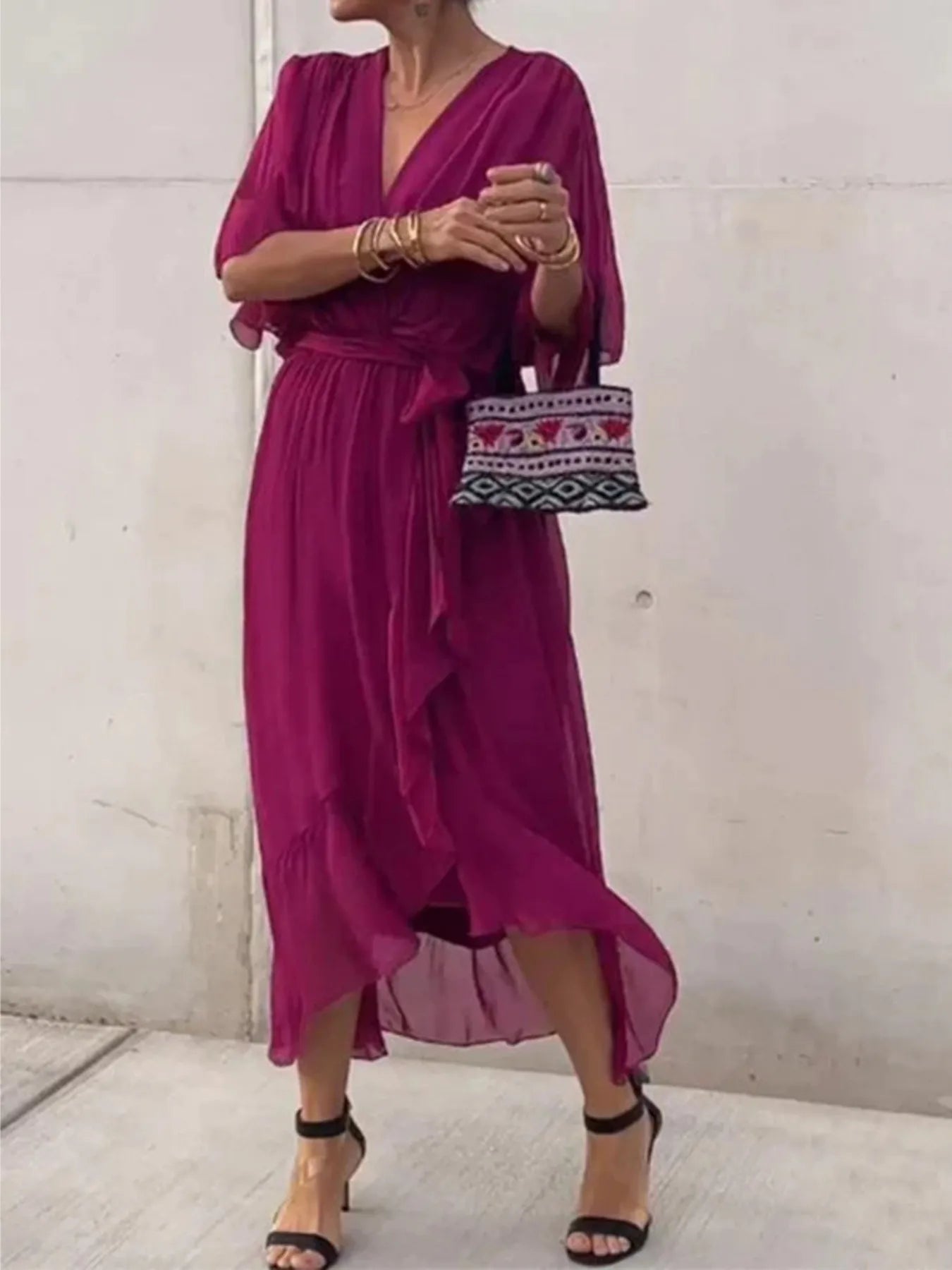 Flowy Tie Front Midi Dress with Flutter Sleeves | Deb Shops