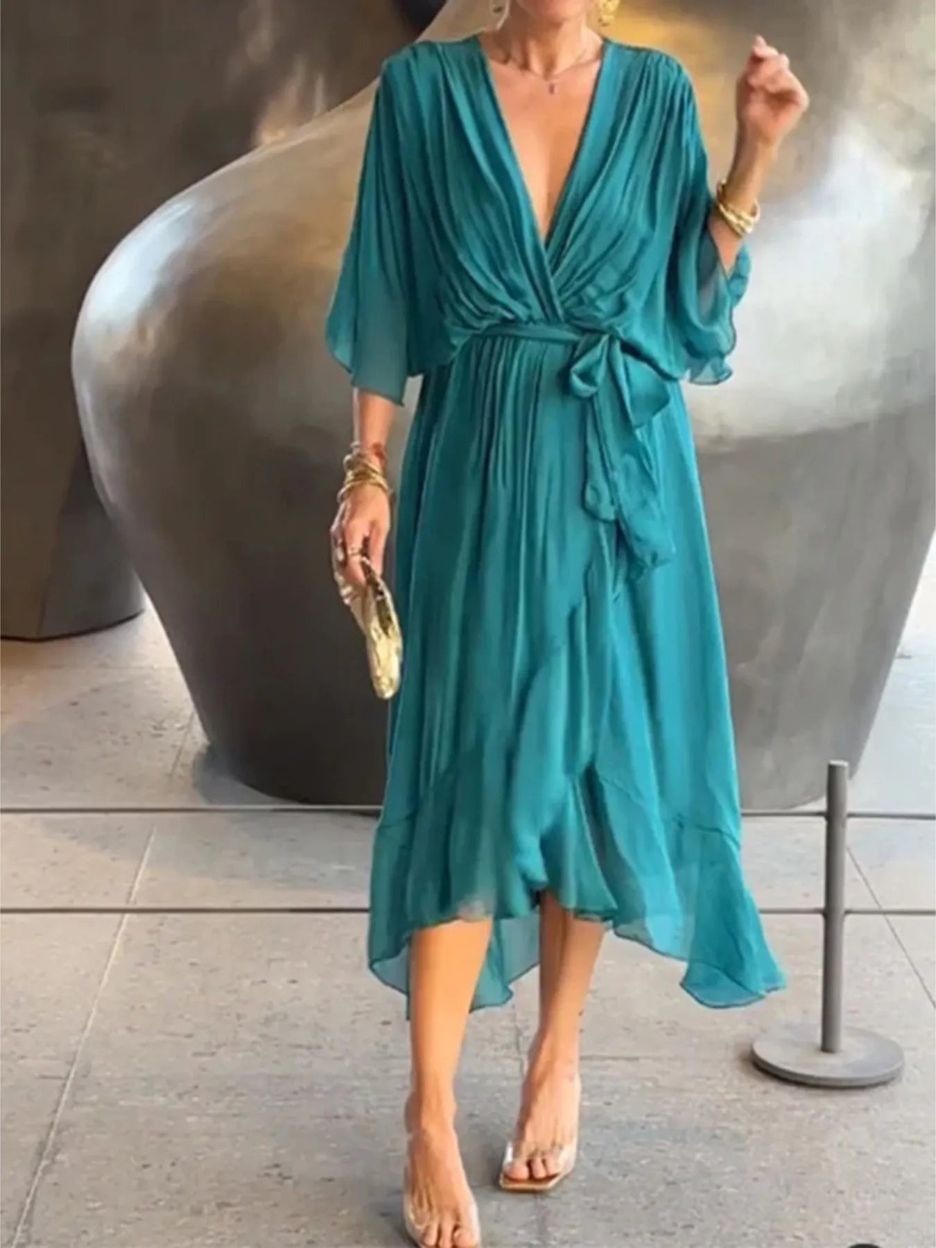 Flowy Tie Front Midi Dress with Flutter Sleeves | Deb Shops