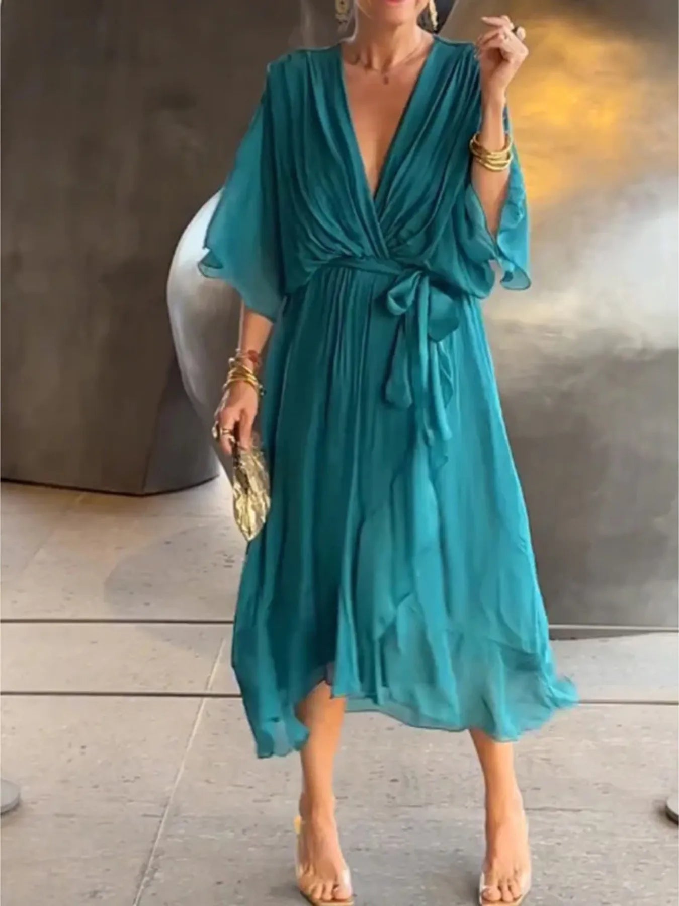 Flowy Tie Front Midi Dress with Flutter Sleeves | Deb Shops