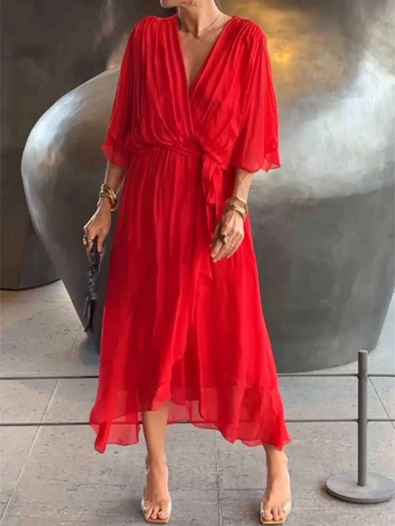 Flowy Tie Front Midi Dress with Flutter Sleeves | Deb Shops