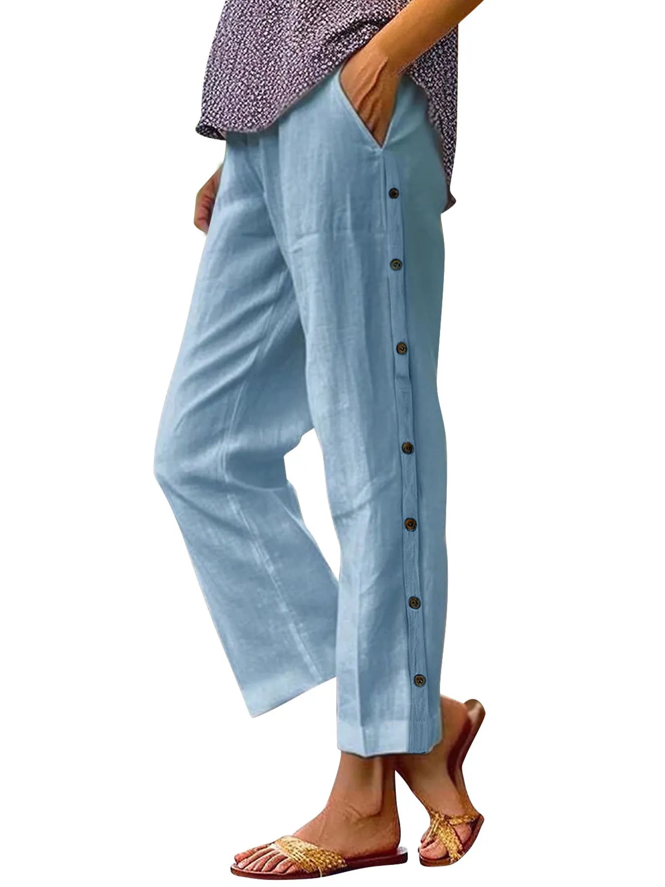 Full Size Side Decor Button Casual Wide Leg Pants | Deb Shops