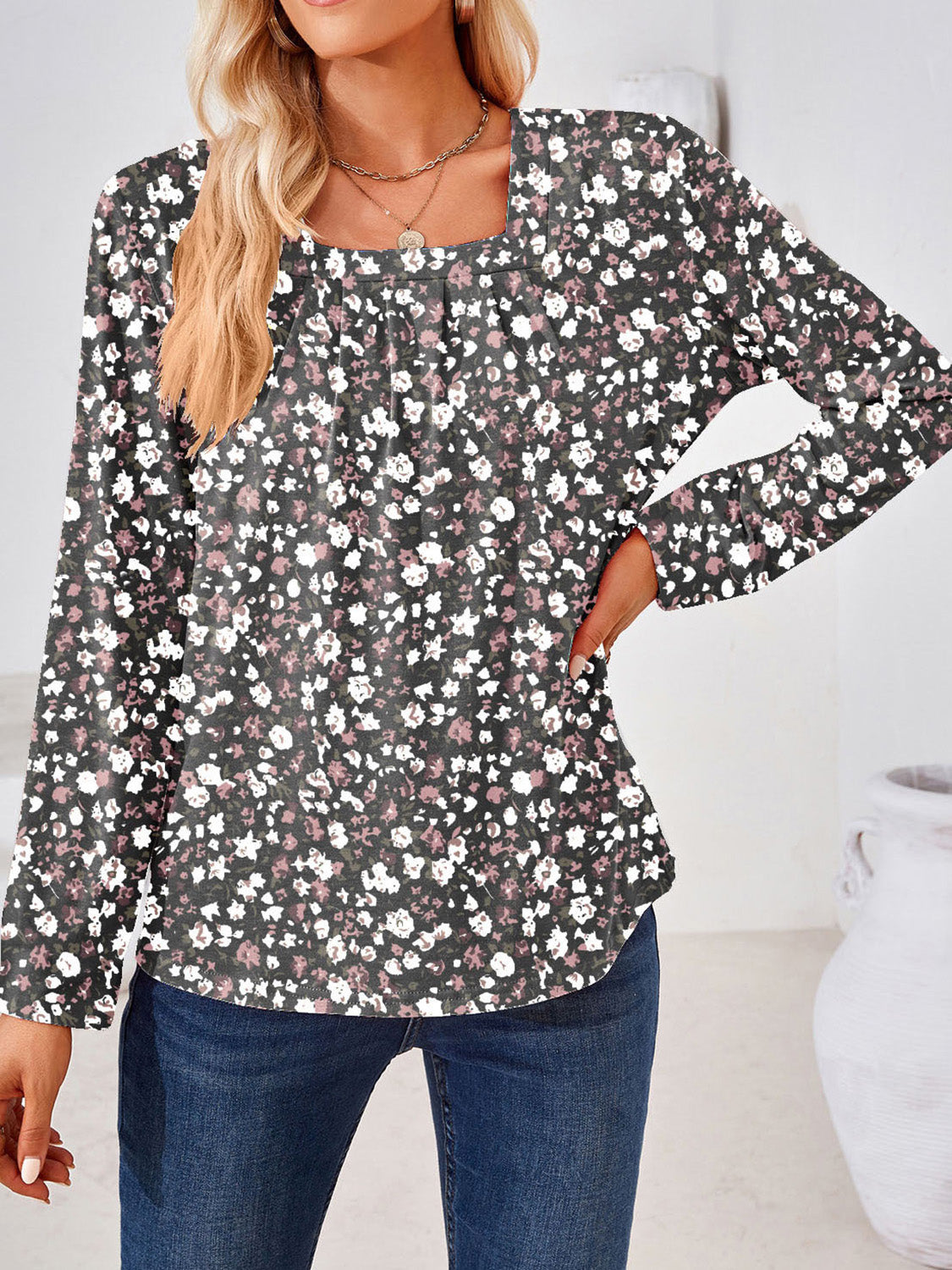 Full Size Square Neck Long Sleeve Blouse | Deb Shops