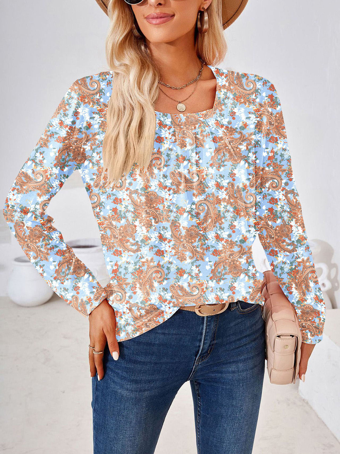 Full Size Square Neck Long Sleeve Blouse | Deb Shops