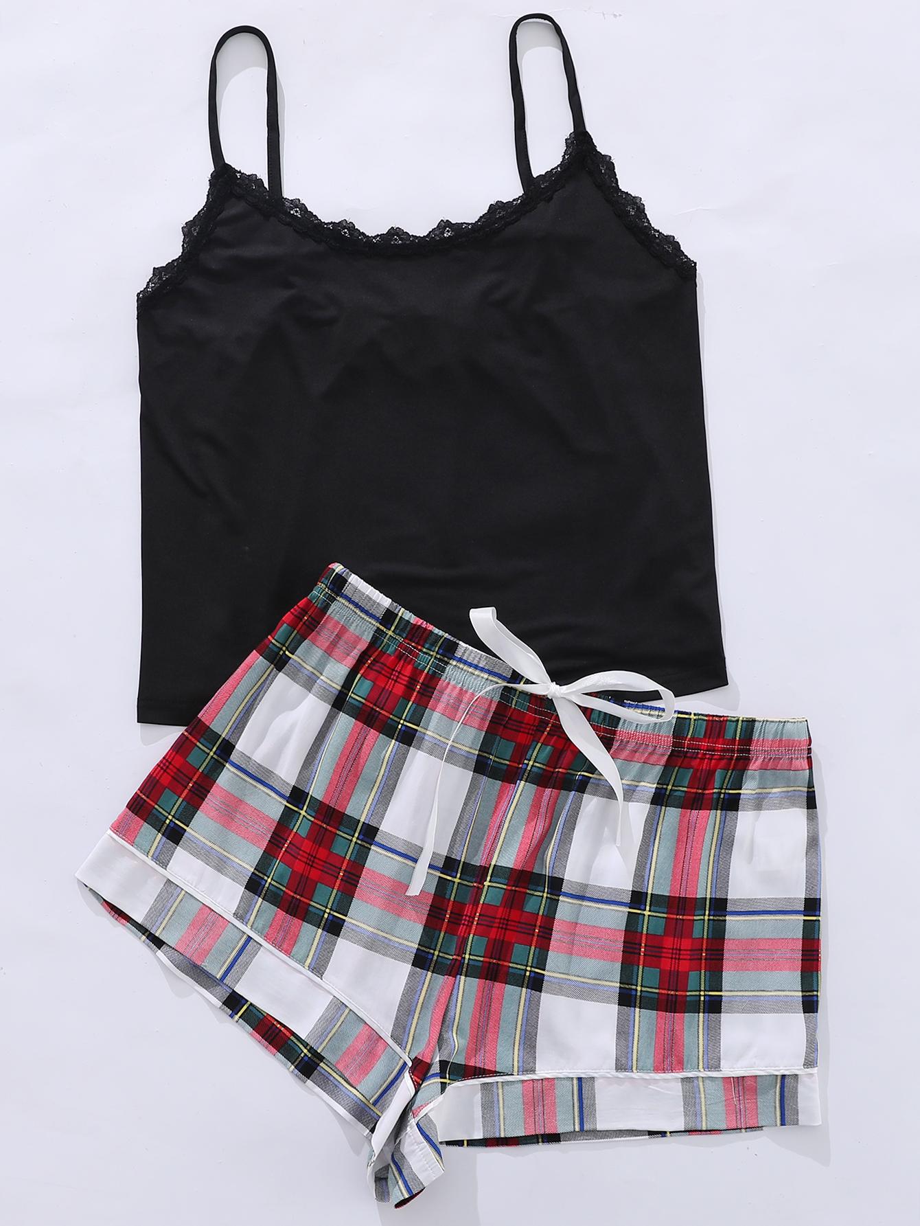Lace Trim Scoop Neck Cami and Printed Shorts Pajama Set | Deb Shops