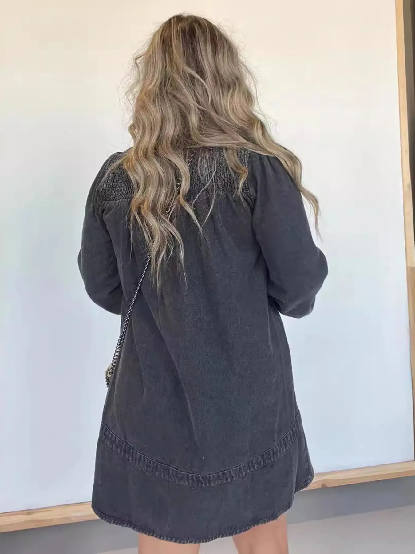 Full Size Button Front Long Sleeve Denim Dress