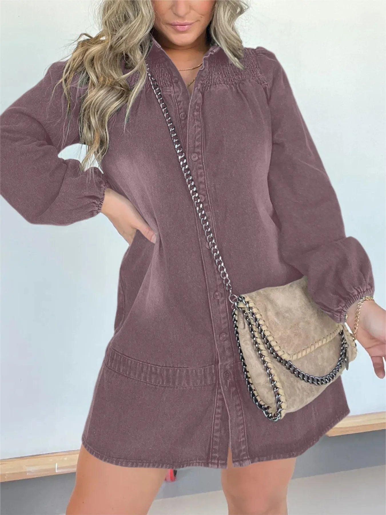 Full Size Button Front Long Sleeve Denim Dress