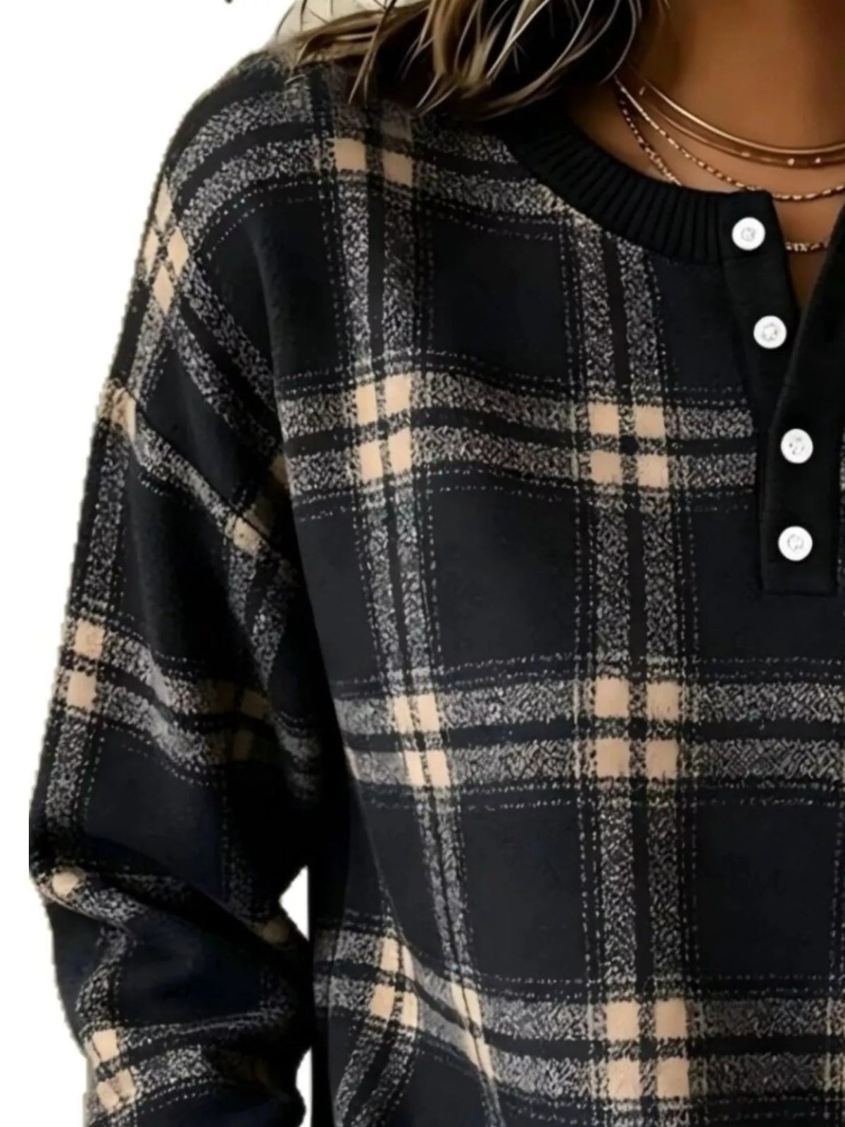 Plaid Button Detail Long Sleeve Sweatshirt