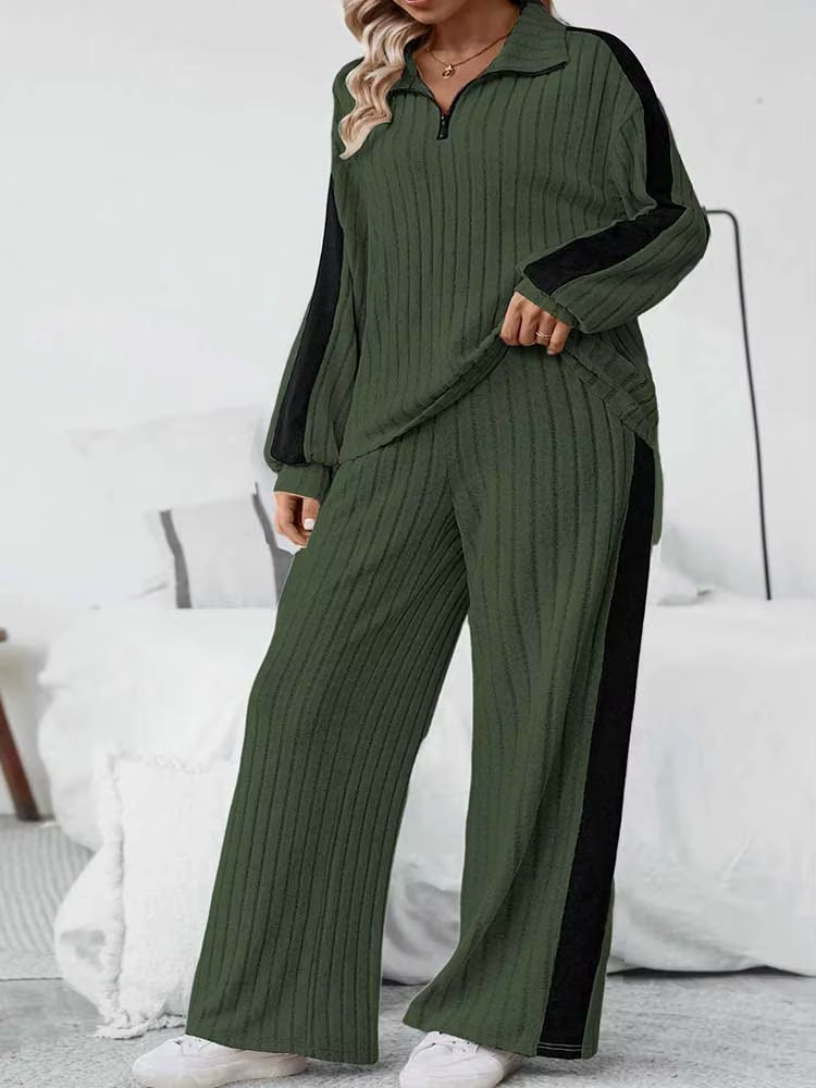 Plus Size Half Zip Long Sleeve Top and Pants Set - Deb Shops