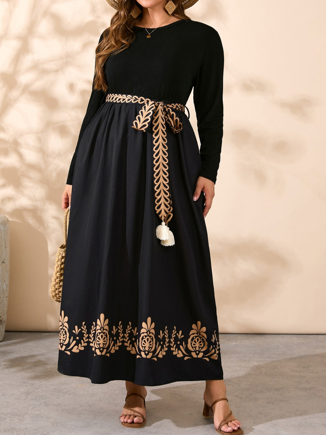 Plus Size Printed Hem Round Neck Long Sleeve Dress - Deb Shops