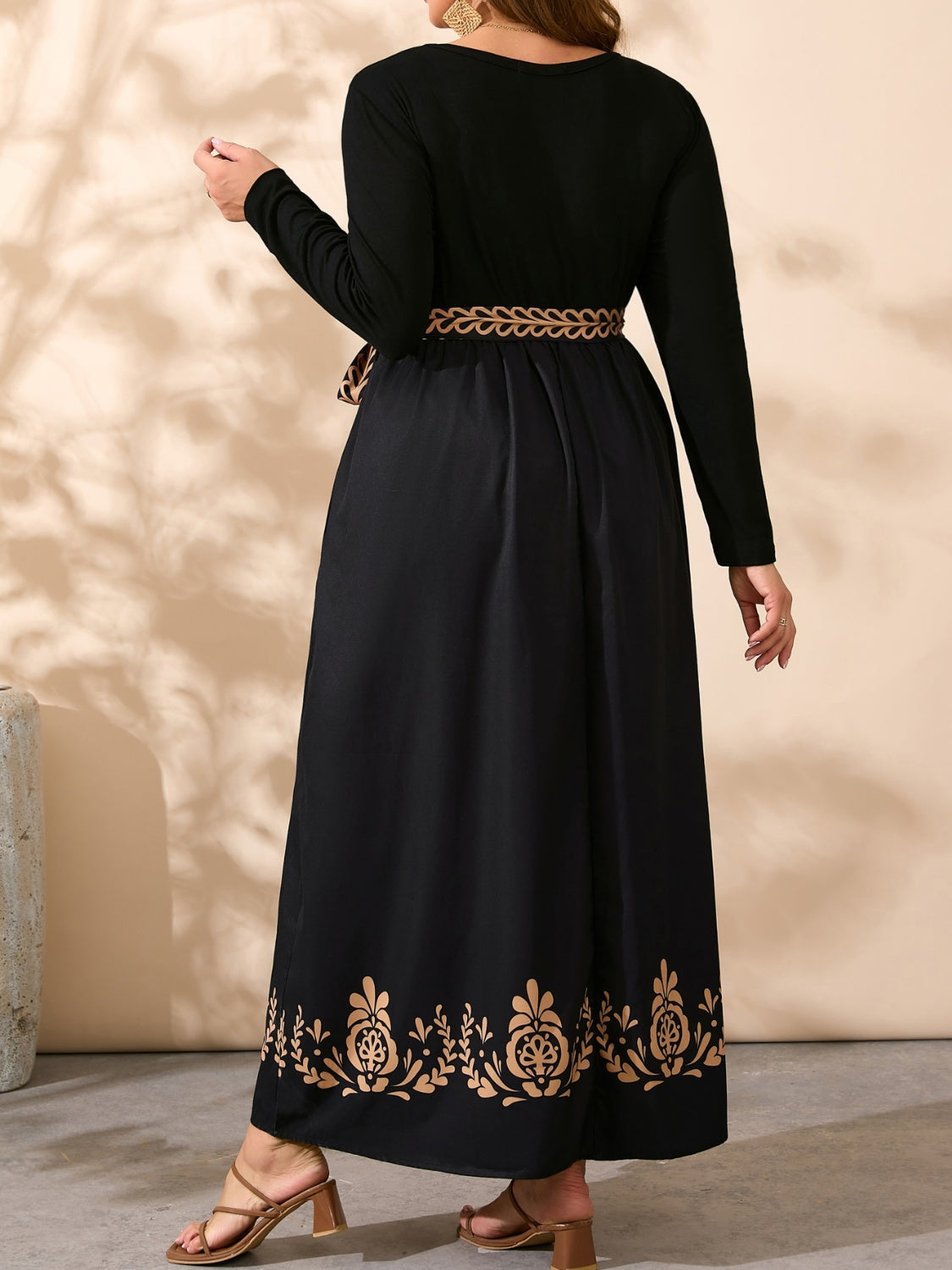 Plus Size Printed Hem Round Neck Long Sleeve Dress - Deb Shops