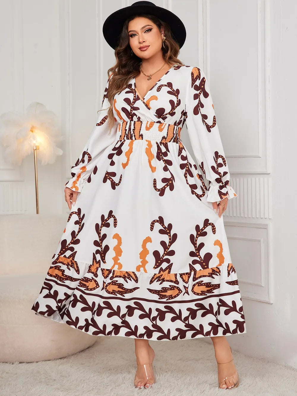 Plus Size Printed Surplice Dress with Flounce Sleeves