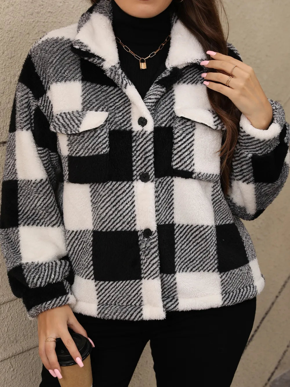 Pocketed Plaid Collared Neck Jacket | Deb Shops