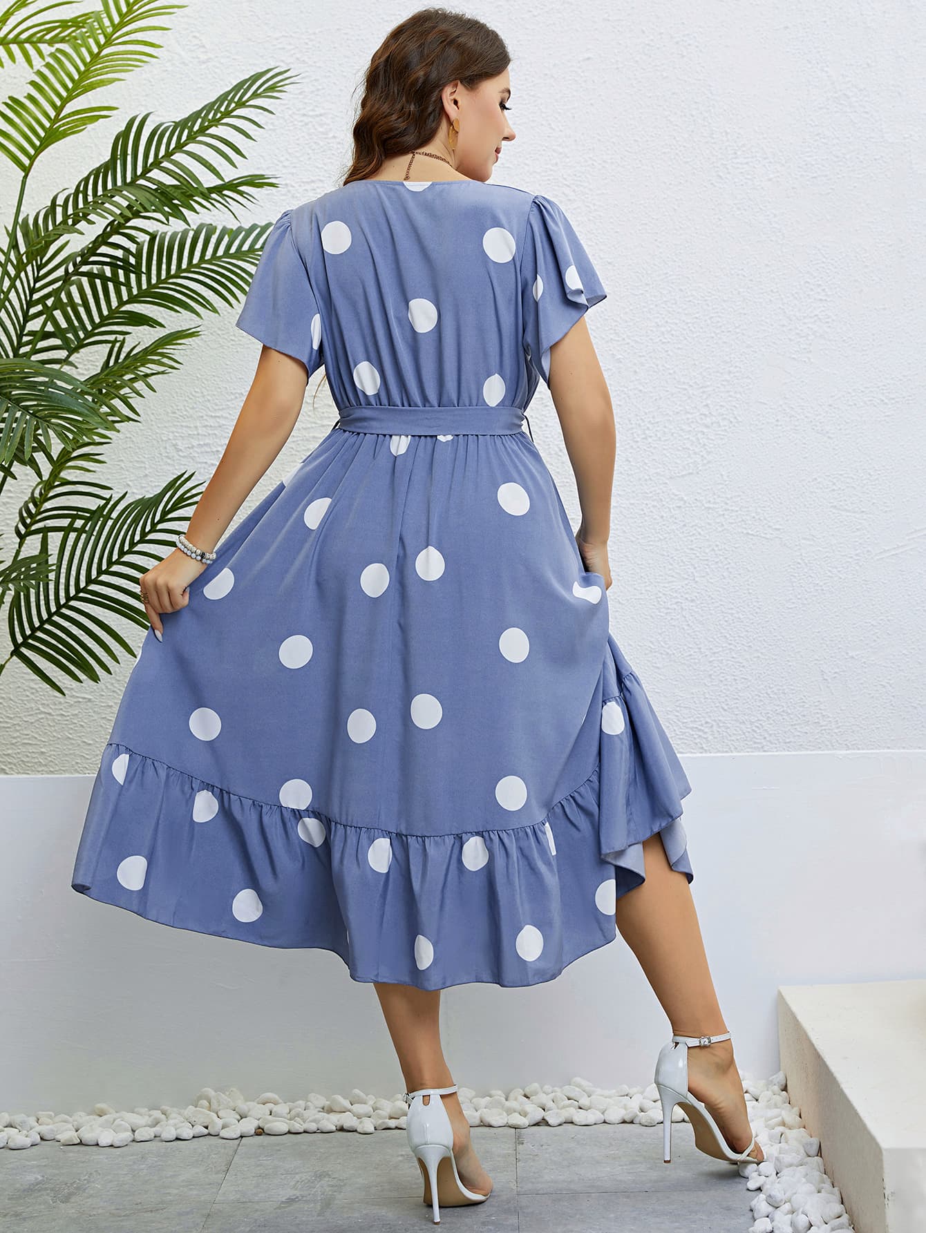 Polka Dot Belted Flutter Sleeve Ruffle Hem Dress | Deb Shops
