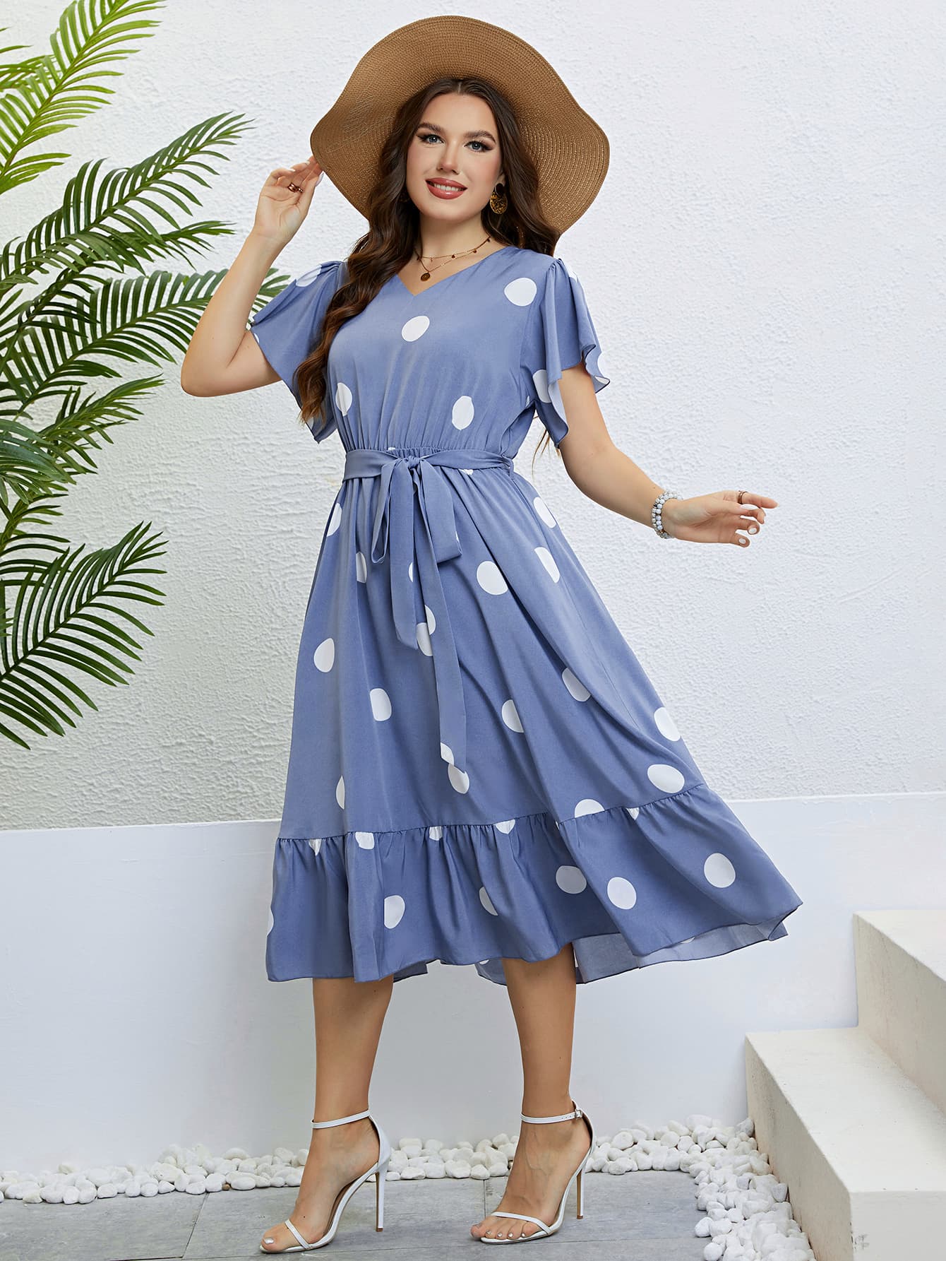 Polka Dot Belted Flutter Sleeve Ruffle Hem Dress | Deb Shops