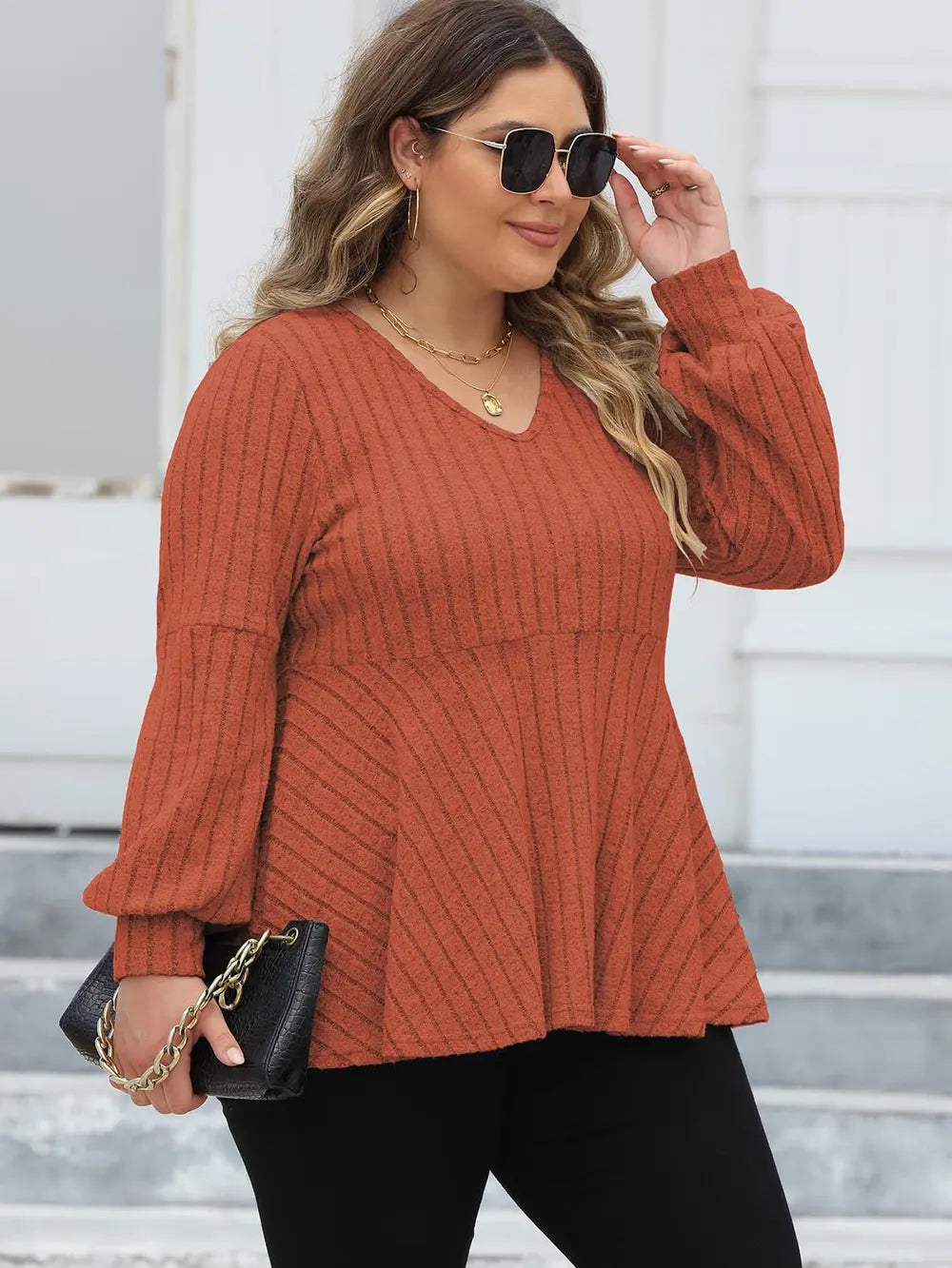 Ribbed V-Neck Long Sleeve Blouse | Deb Shops