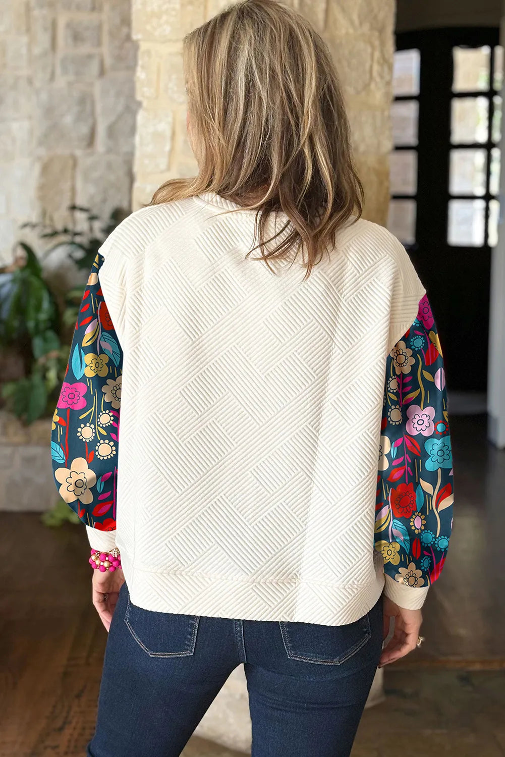 Texture Printed Round Neck Long Sleeve Blouse | Deb Shops