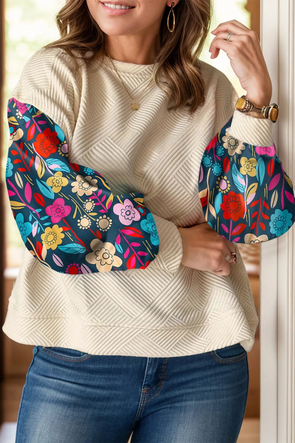 Texture Printed Round Neck Long Sleeve Blouse | Deb Shops