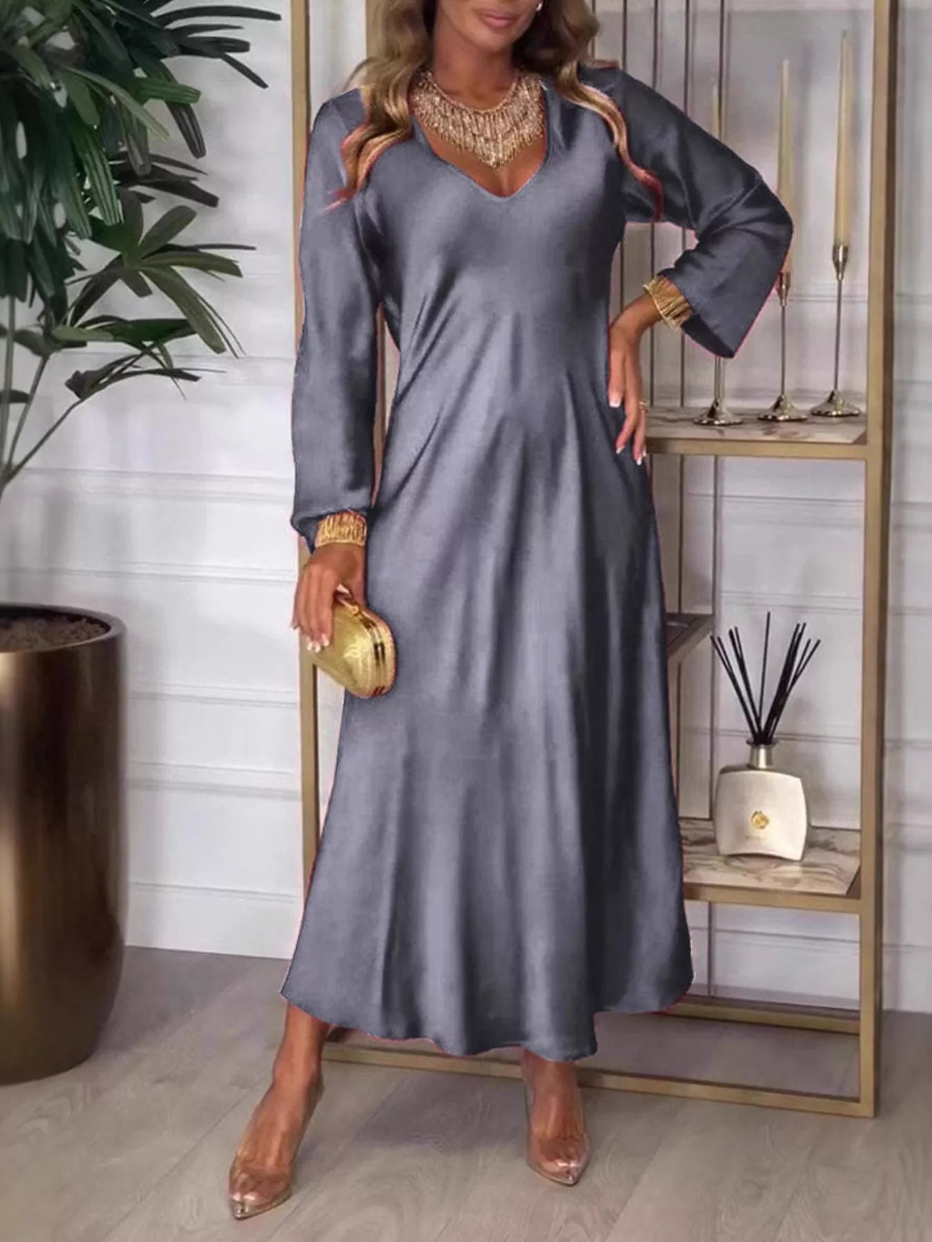V-Neck Long Sleeve Midi Dress | Deb Shops