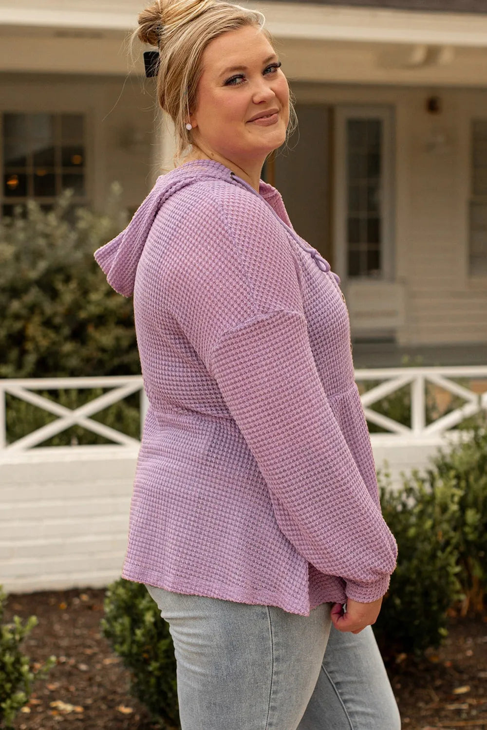 Waffle Knit Drawstring Half Button Hooded Knit Top | Deb Shops