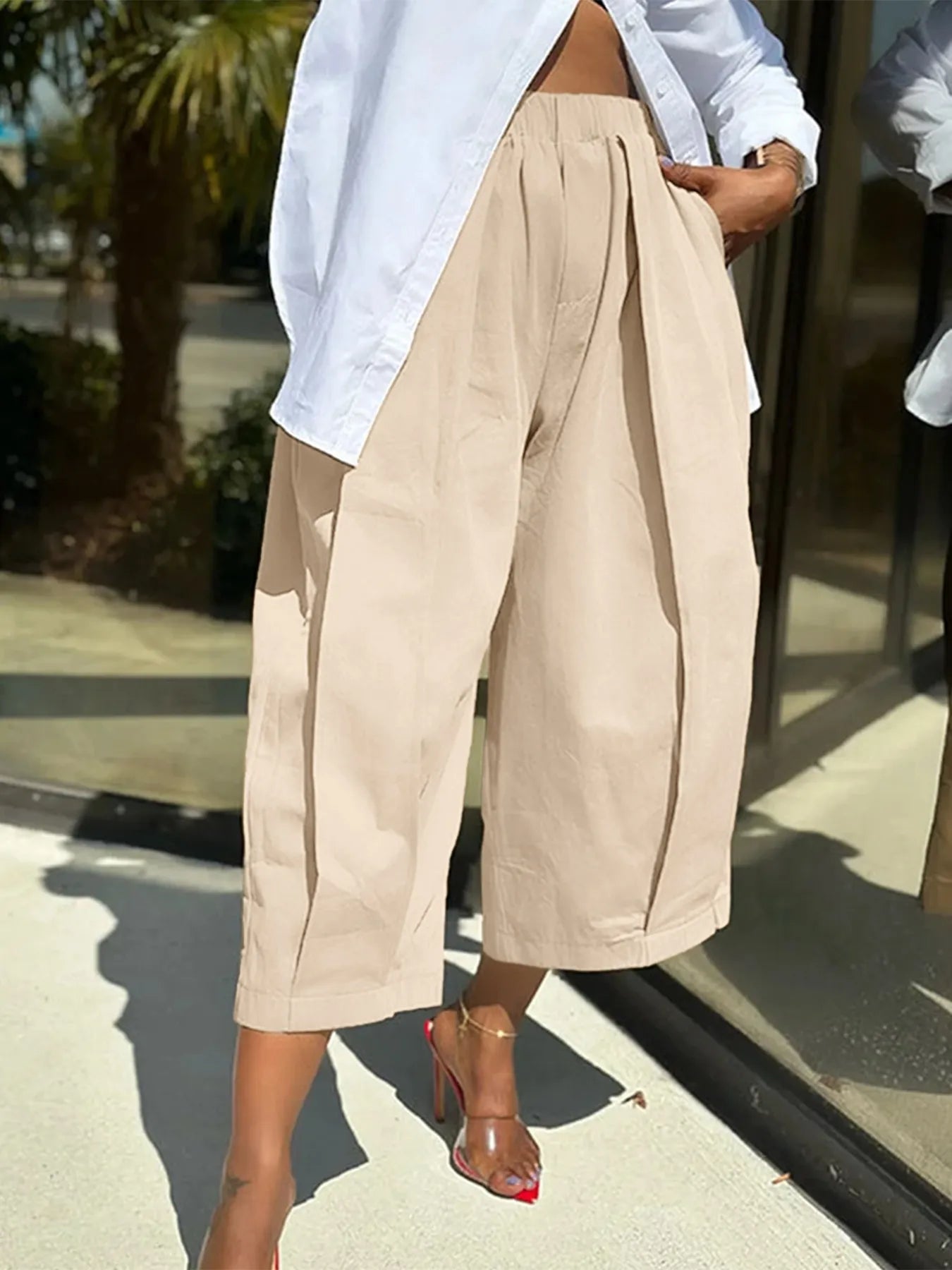 Wide Leg Pleated Detail Cropped Pants | Deb Shops
