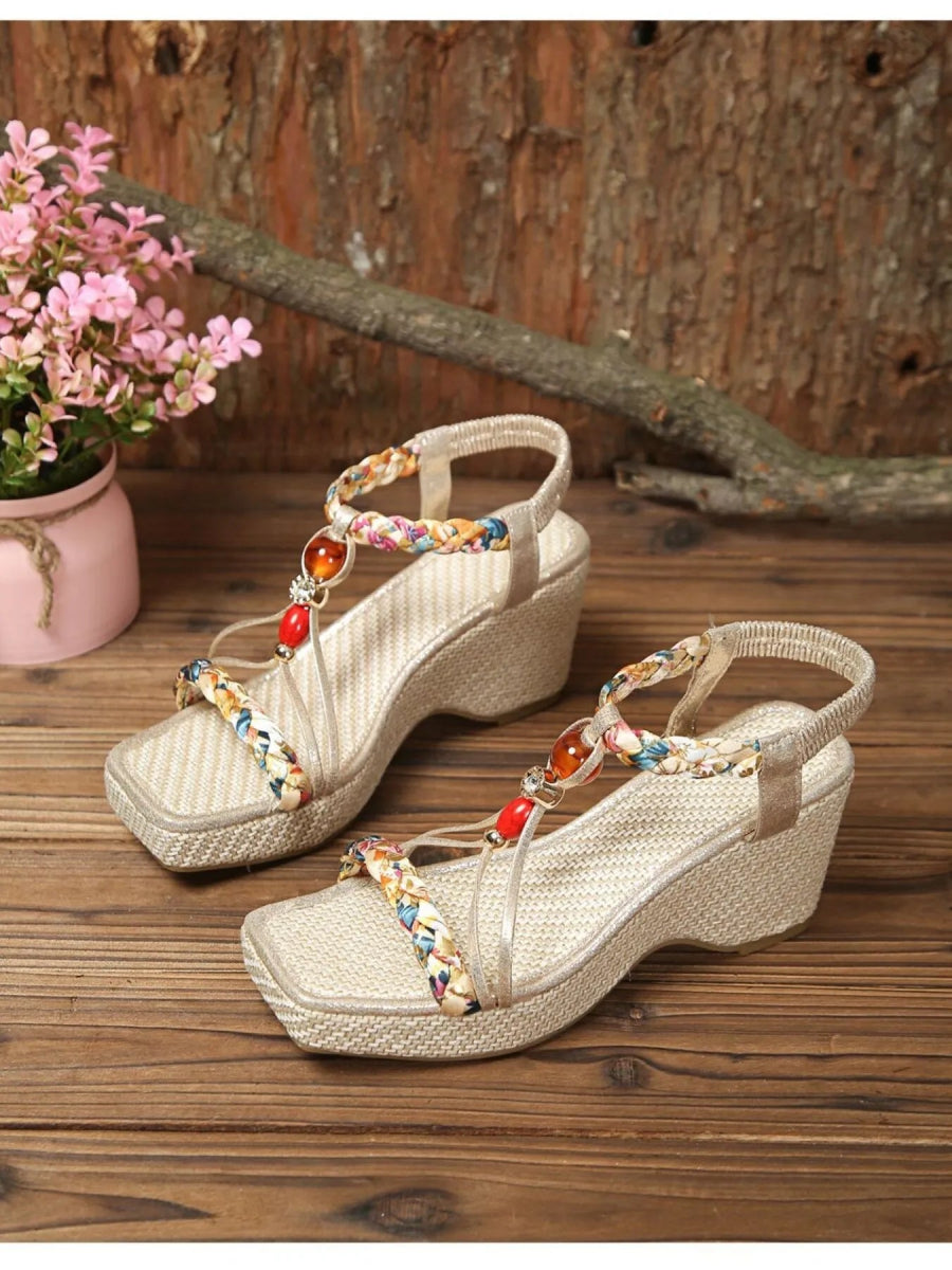 Bohemian Floral Beaded Wedge Sandals - Deb Shops
