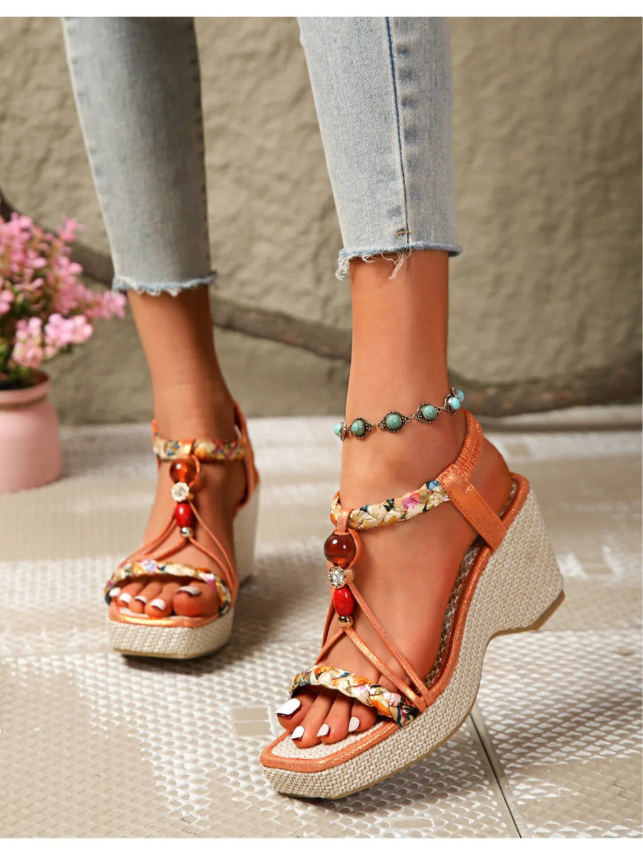Bohemian Floral Beaded Wedge Sandals - Deb Shops