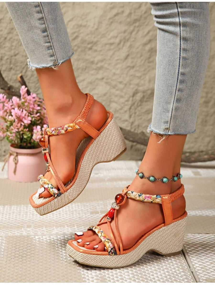Bohemian Floral Beaded Wedge Sandals - Deb Shops