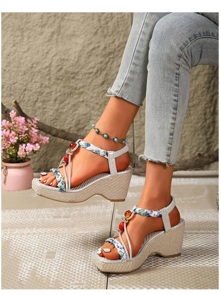 Bohemian Floral Beaded Wedge Sandals - Deb Shops