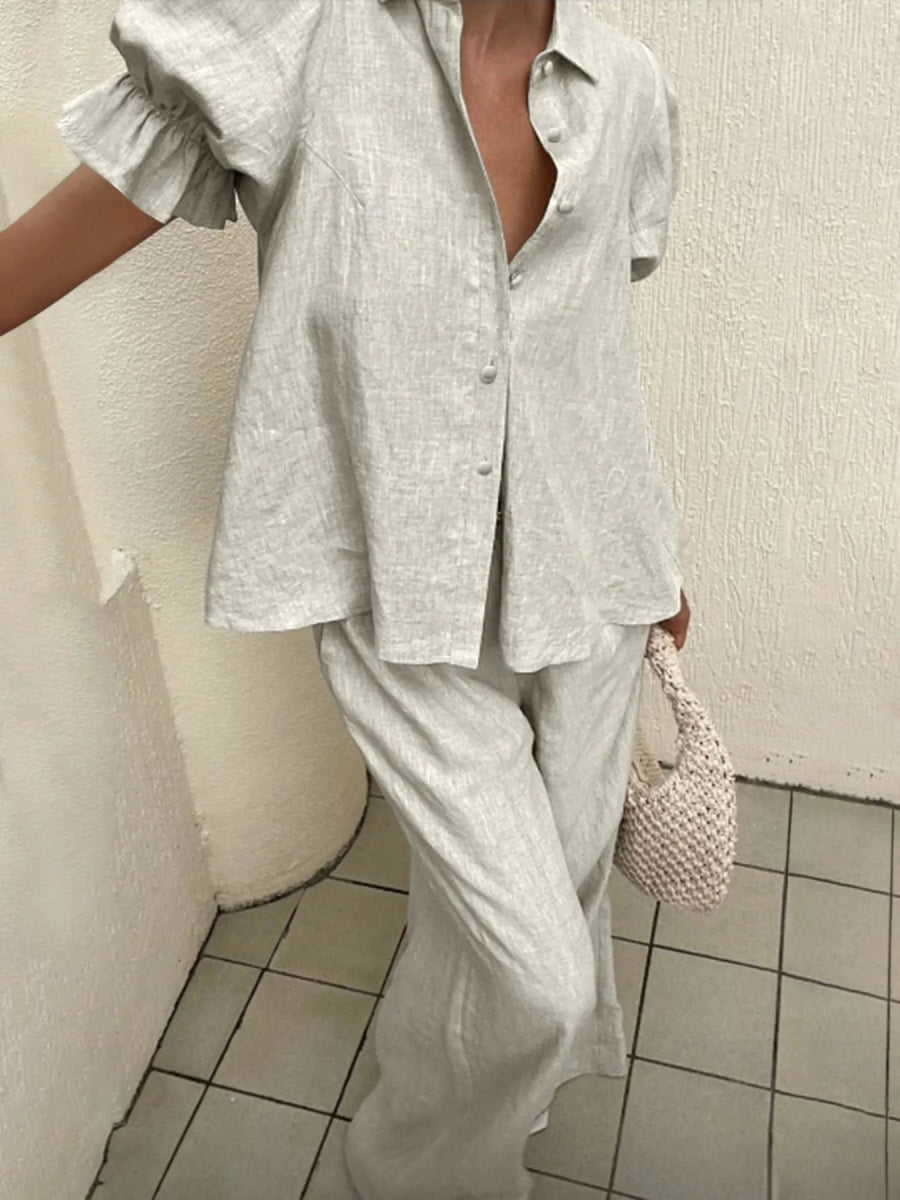 Button - Down Shirt and Wide - Leg Pants Set - Deb Shops