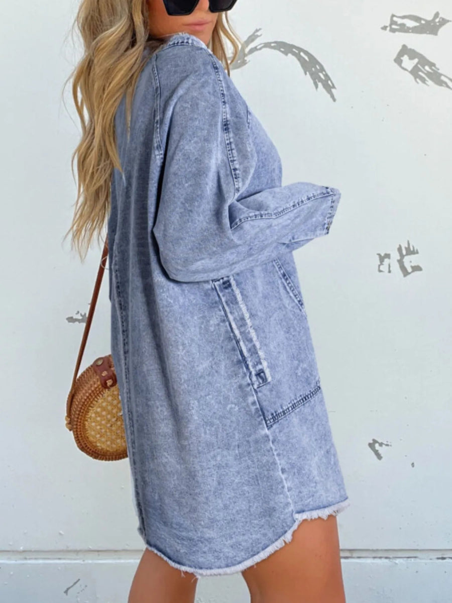 Button - Front Long Sleeve Denim Shirt Dress - Deb Shops