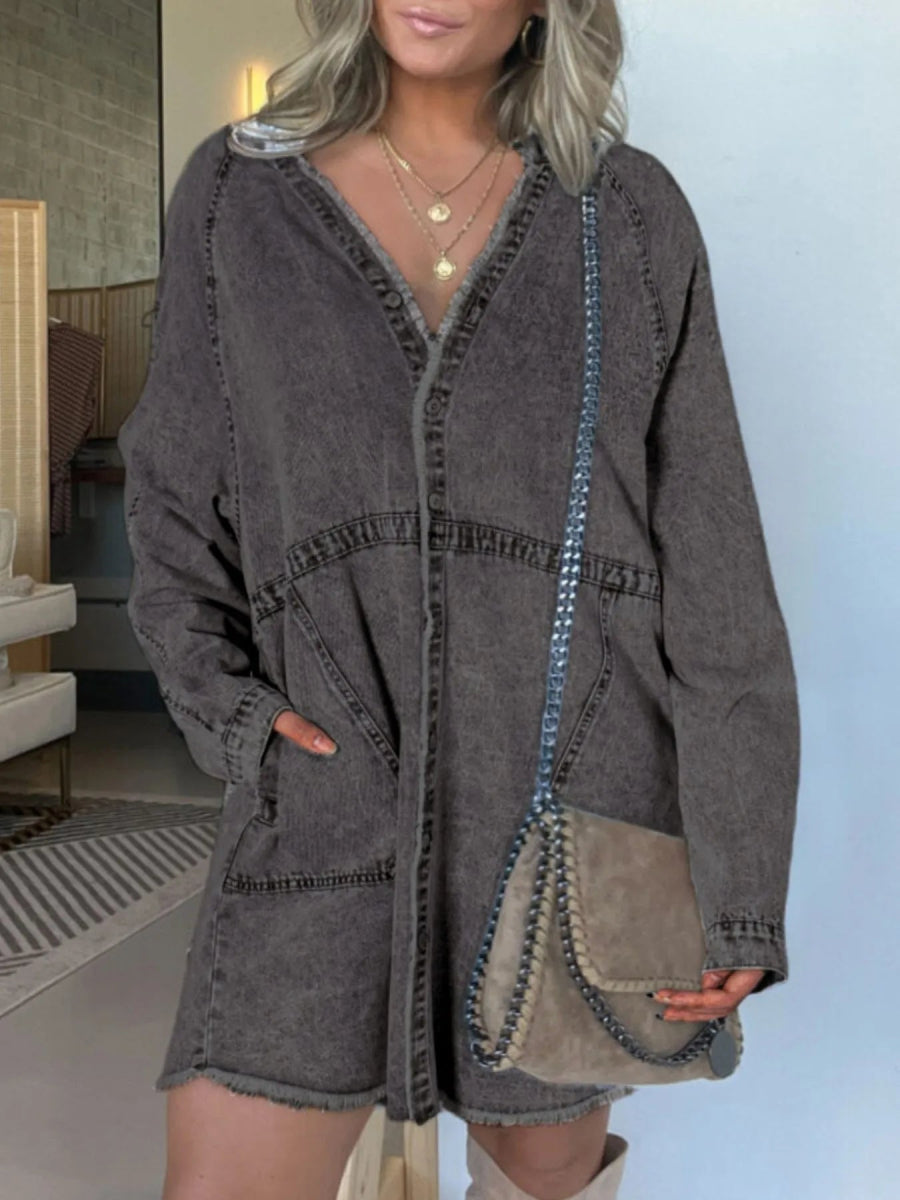 Button - Front Long Sleeve Denim Shirt Dress - Deb Shops
