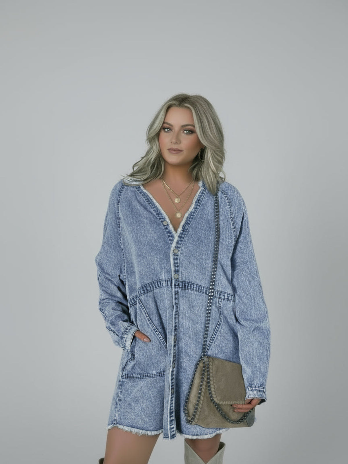 Button - Front Long Sleeve Denim Shirt Dress - Deb Shops