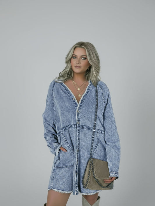 Button - Front Long Sleeve Denim Shirt Dress - Deb Shops