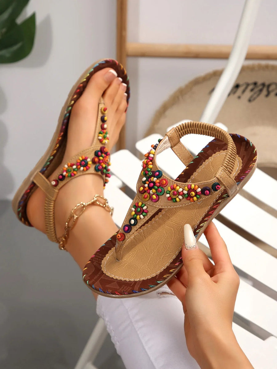 Colorful Beaded T - Strap Flat Sandals - Deb Shops
