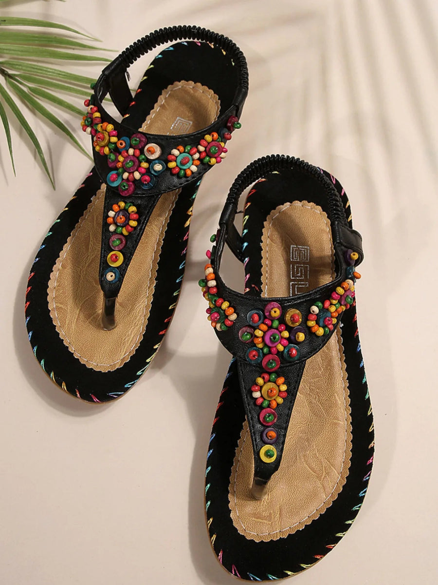 Colorful Beaded T - Strap Flat Sandals - Deb Shops