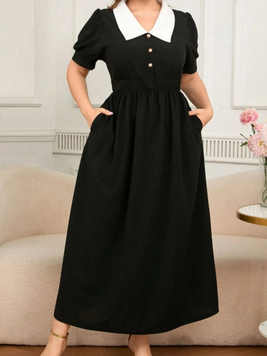Contrast Collar Short Sleeve Dress - Deb Shops
