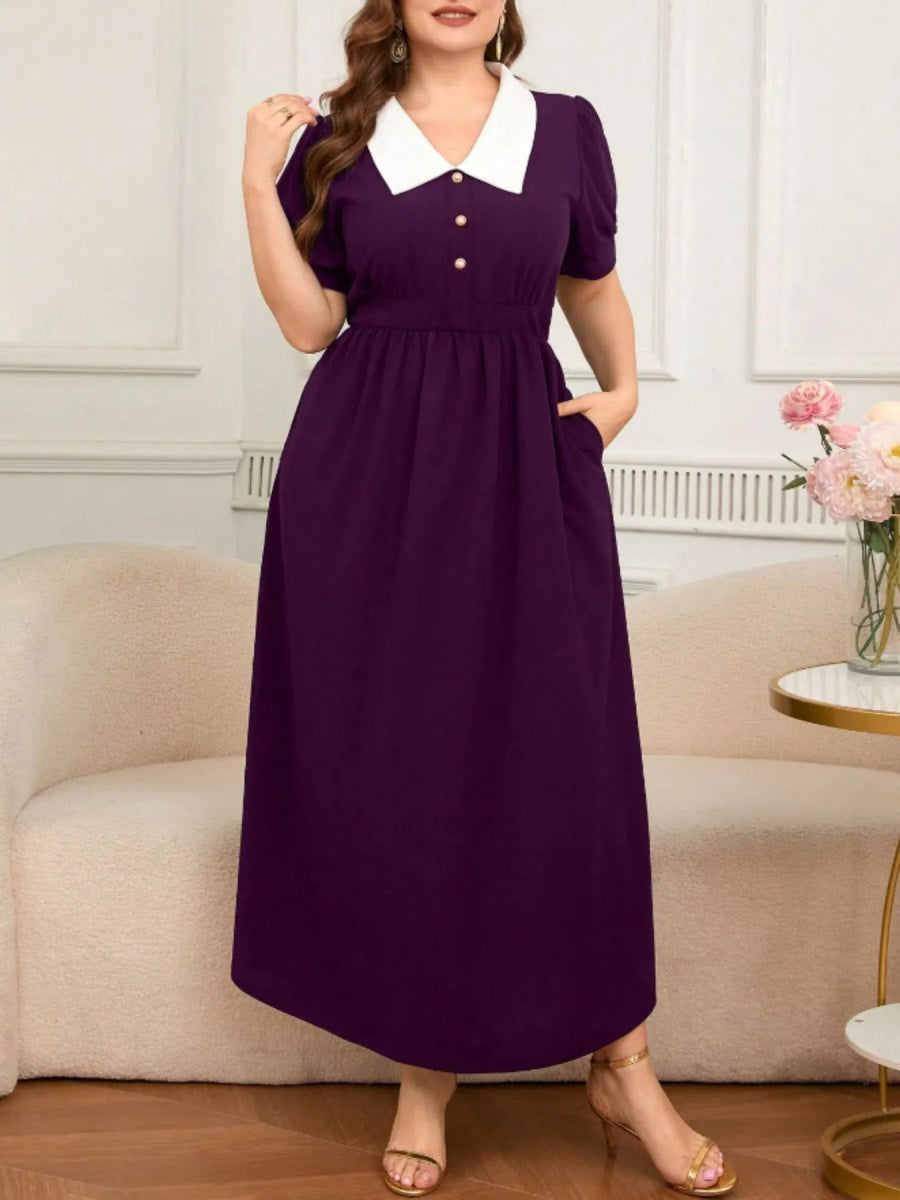 Contrast Collar Short Sleeve Dress - Deb Shops