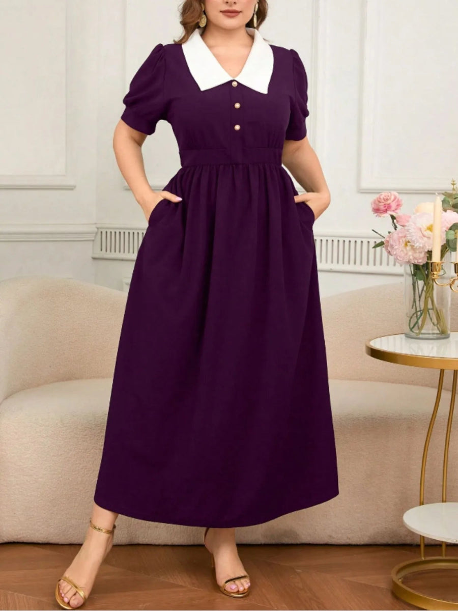 Contrast Collar Short Sleeve Dress - Deb Shops