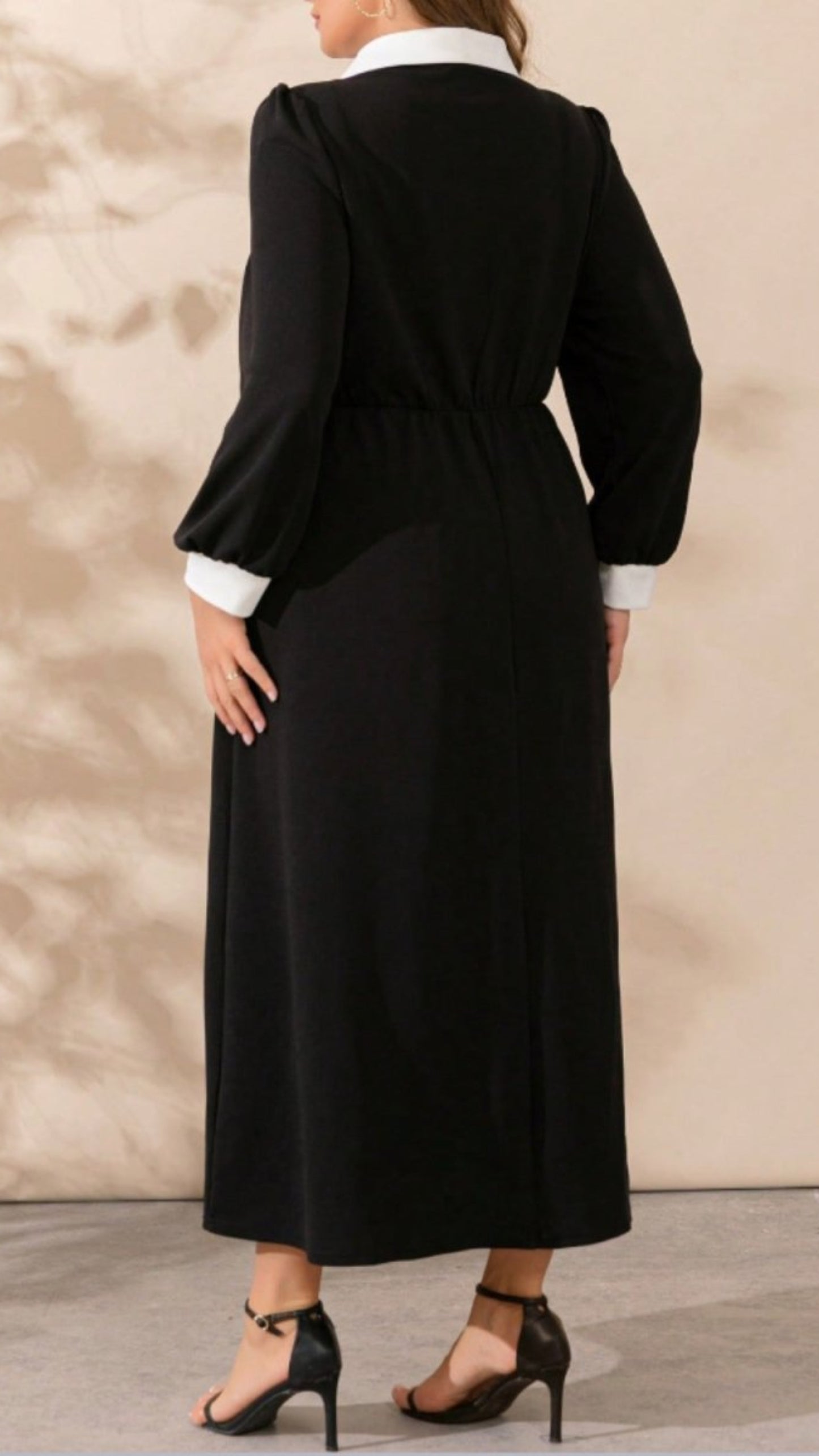 Contrast Collared Neck Long Sleeve Midi Dress - Deb Shops