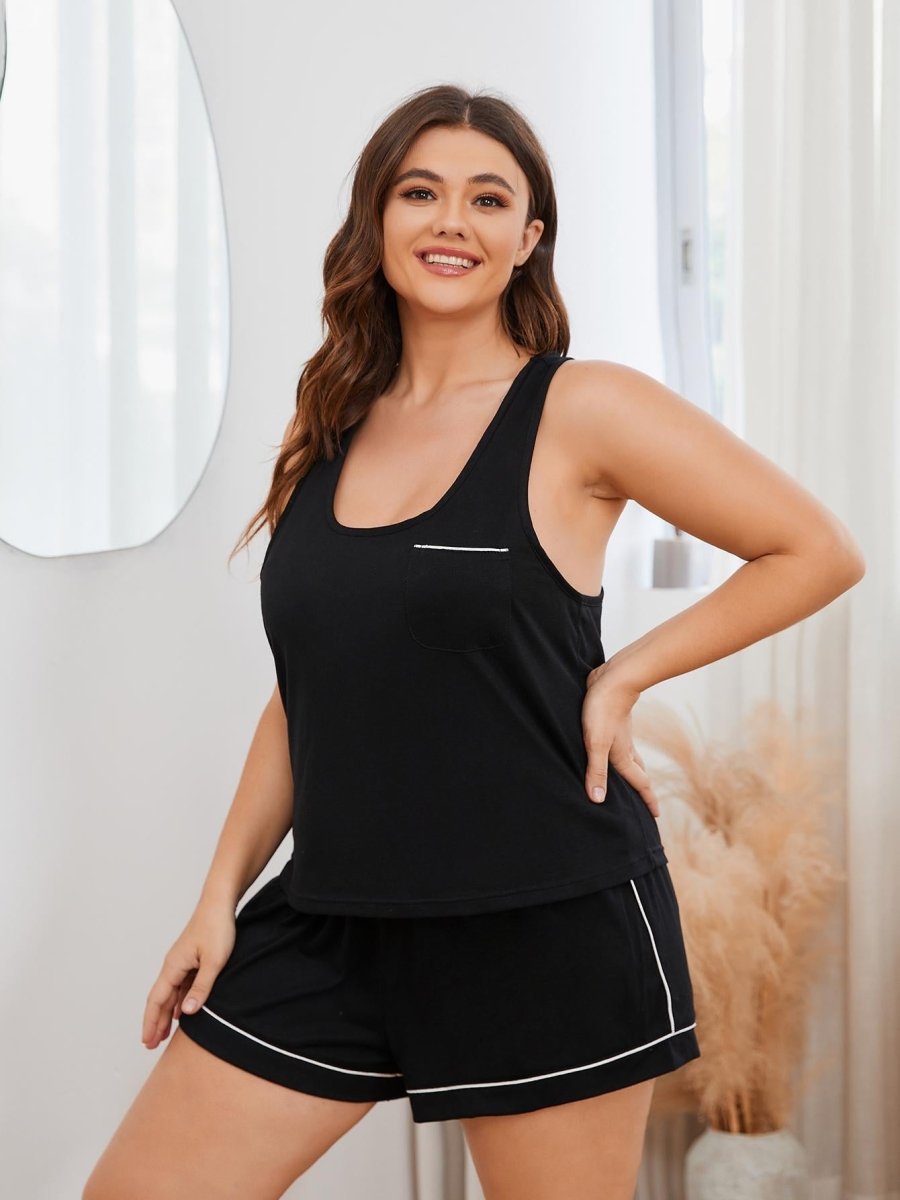 Contrast Piping Racerback Tank and Shorts Lounge Set - Deb Shops