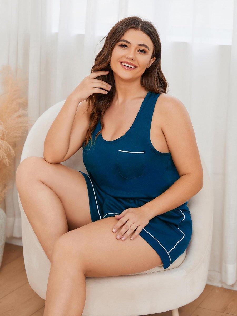Contrast Piping Racerback Tank and Shorts Lounge Set - Deb Shops