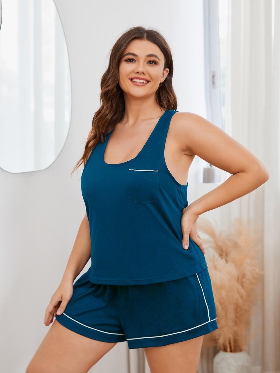 Contrast Piping Racerback Tank and Shorts Lounge Set - Deb Shops