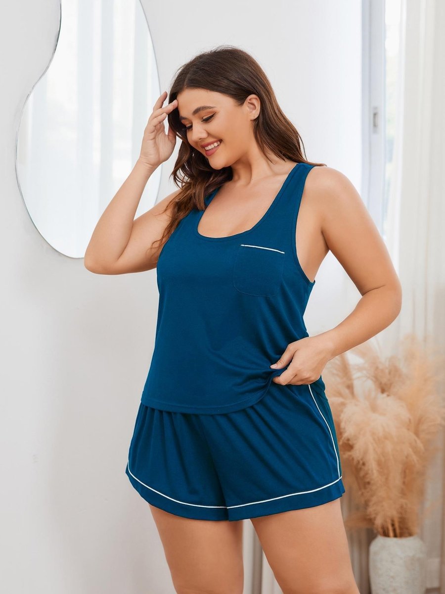 Contrast Piping Racerback Tank and Shorts Lounge Set - Deb Shops