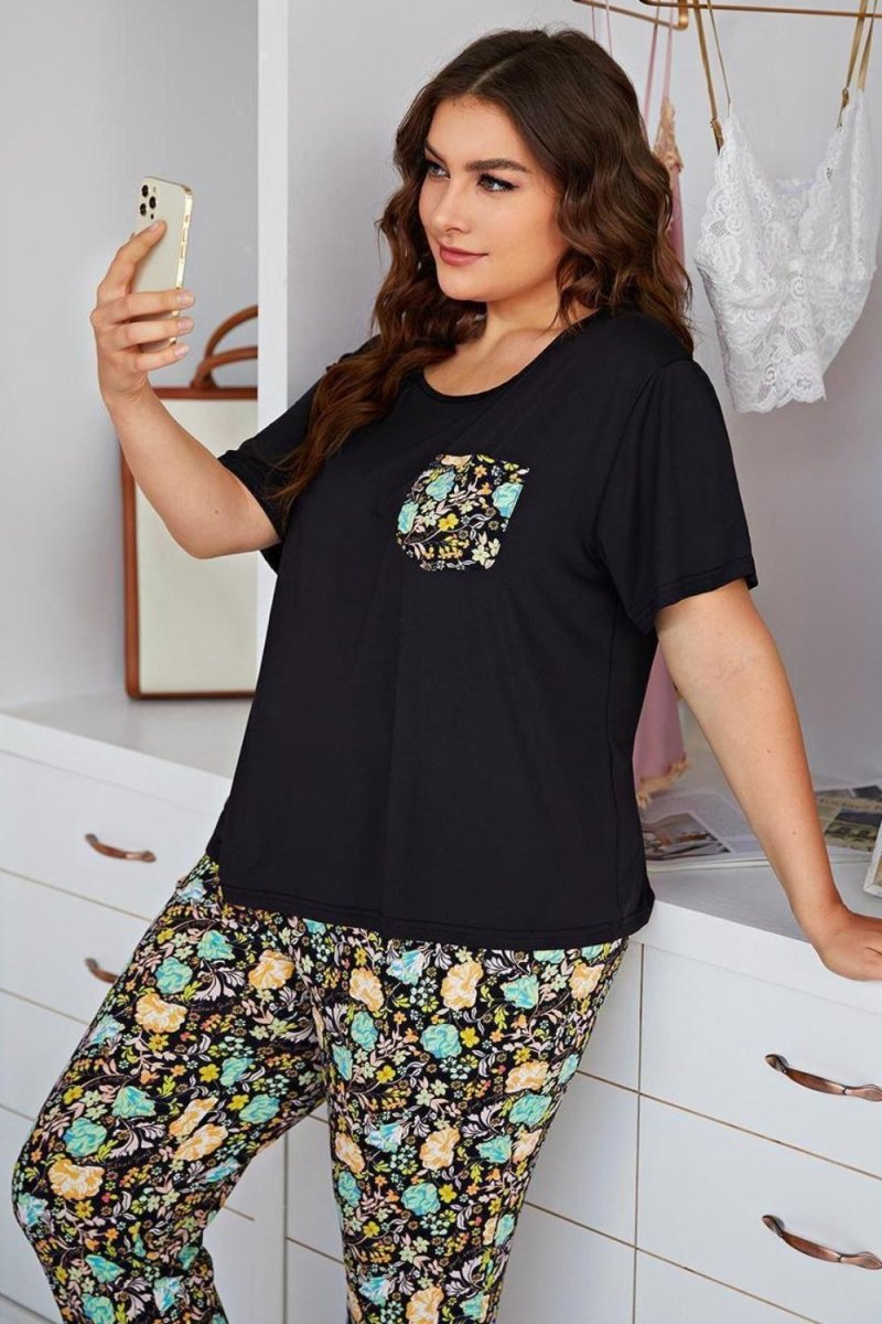 Contrast Round Neck Tee and Floral Pants Lounge Set - Deb Shops