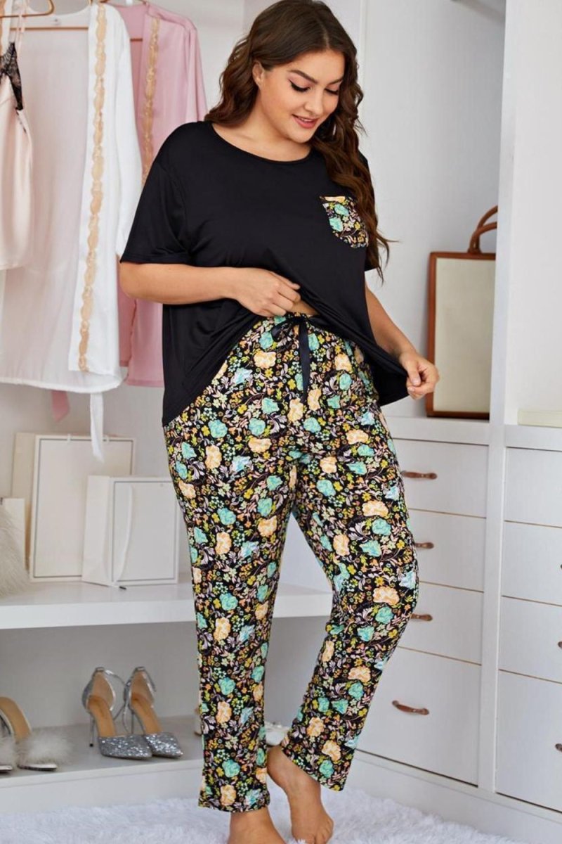 Contrast Round Neck Tee and Floral Pants Lounge Set - Deb Shops